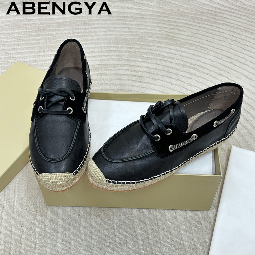 Women'S Fashion Loafers - Hakiki Deri Yuvarlak Burun Bağcıklı Loafer