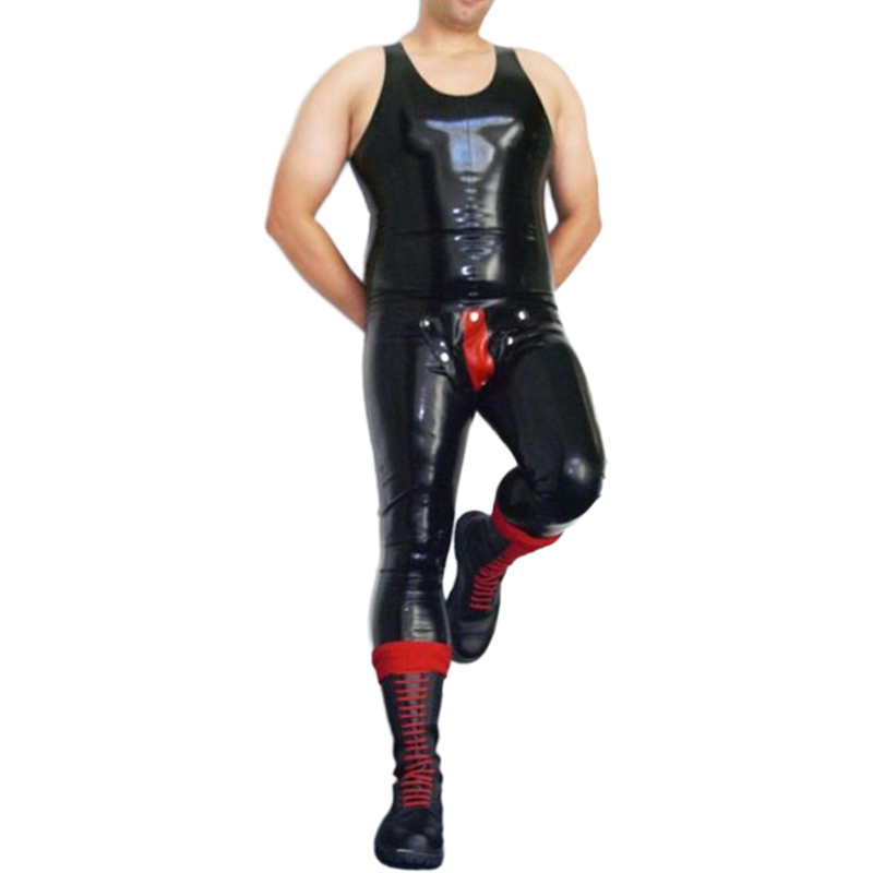Sleeveless Jumpsuit - Siyah Ve Kırmızı Seksi Kolsuz Lateks